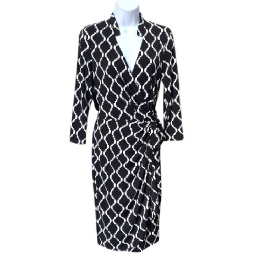 NWT Maggy London Blk Wht Geometric Stretch Faux Wrap Dress 3/4 Sleeves Sz S #05